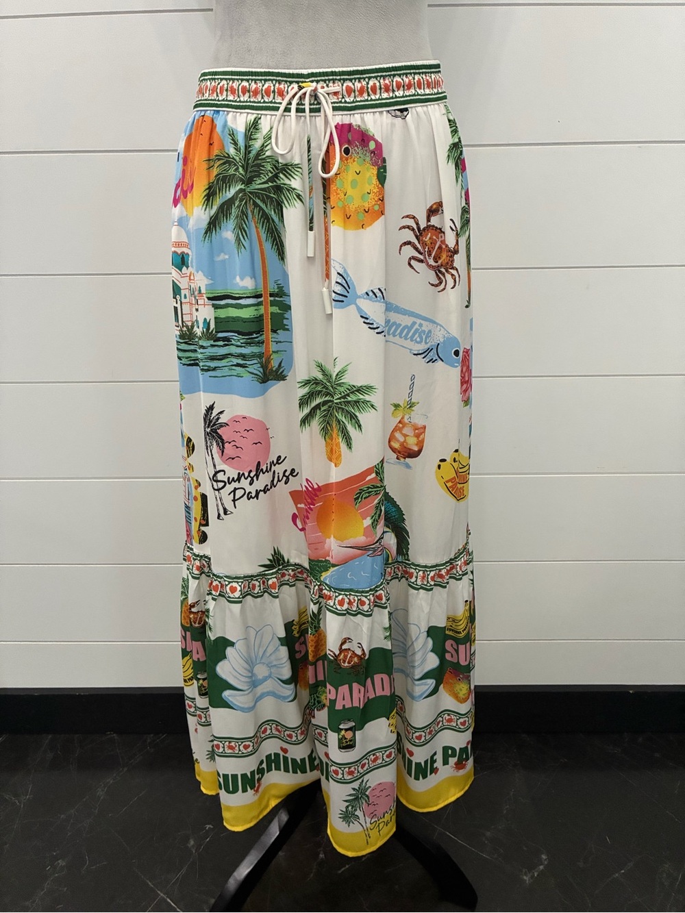 Rachel Zoe White Tropical-Print Maxi Skirt with Green Trim